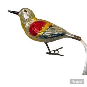 Vintage Mercury Glass Bird Clip On Christmas Ornament Tail 6" Silver Red Yellow